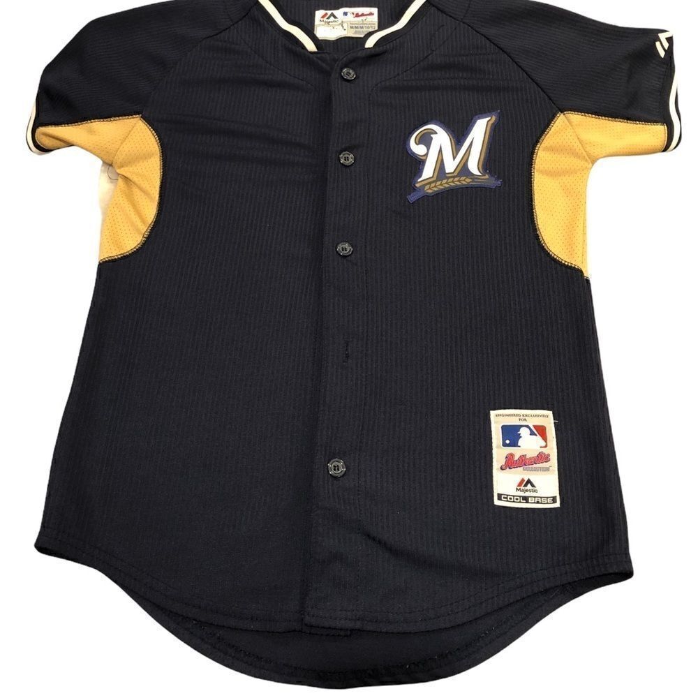 Majestic MLB Milwaukee Brewers Cool Base Jersey Navy Gold‎ Youth Size Medium